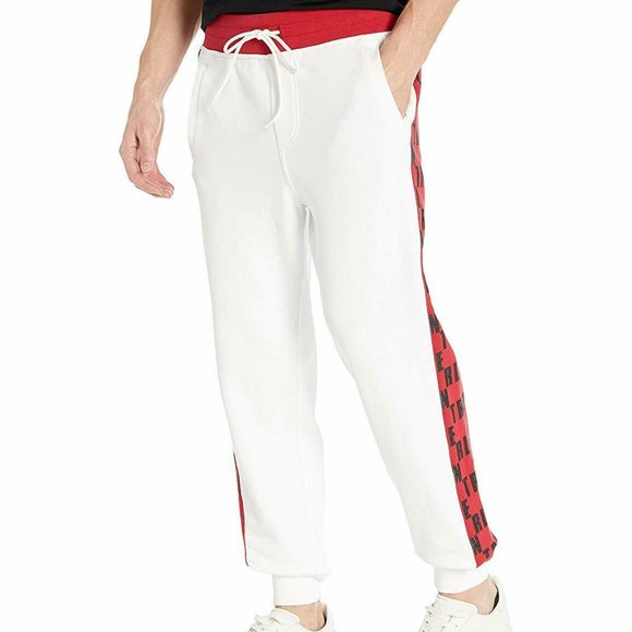 True Religion Men's Monogram Jogger Sweatpants in White/Ruby Red